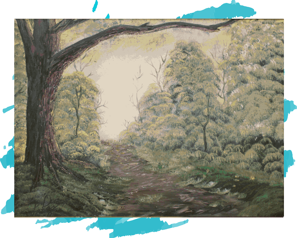 A painting of a path in the woods.