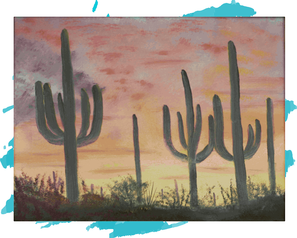 A painting of saguaro cactus at sunset.