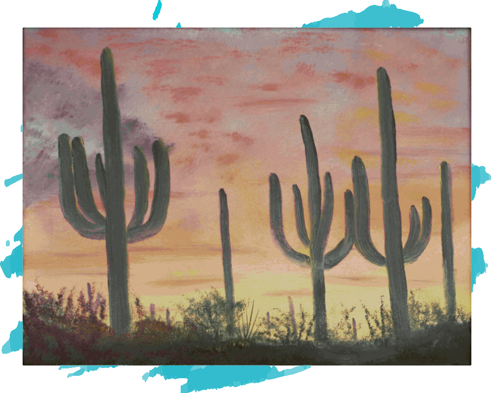 A painting of saguaro cactus at sunset.