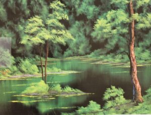 Painting emerald water with trees and greenery