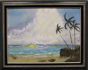 A framed painting of big ocean waves