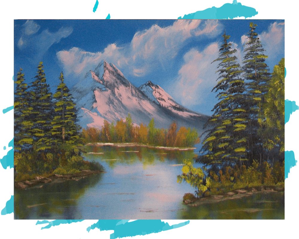 A painting of a mountain scene with trees and a lake.