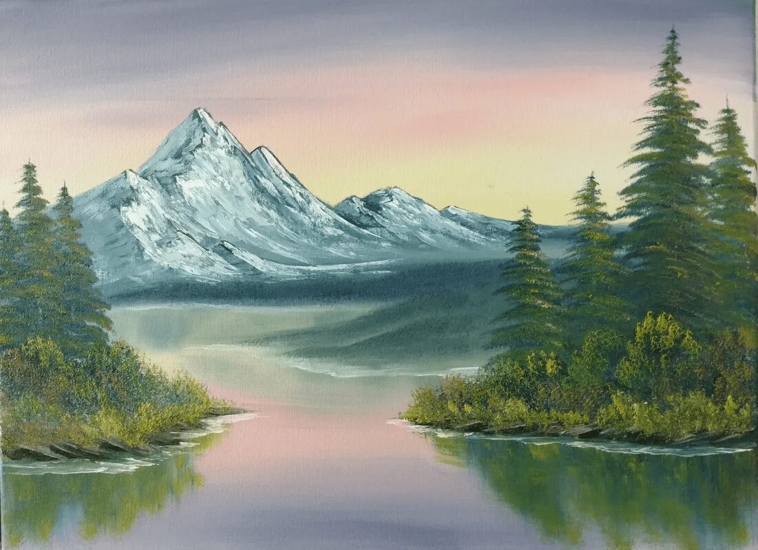 Painting of mountains with trees and a lake with sky