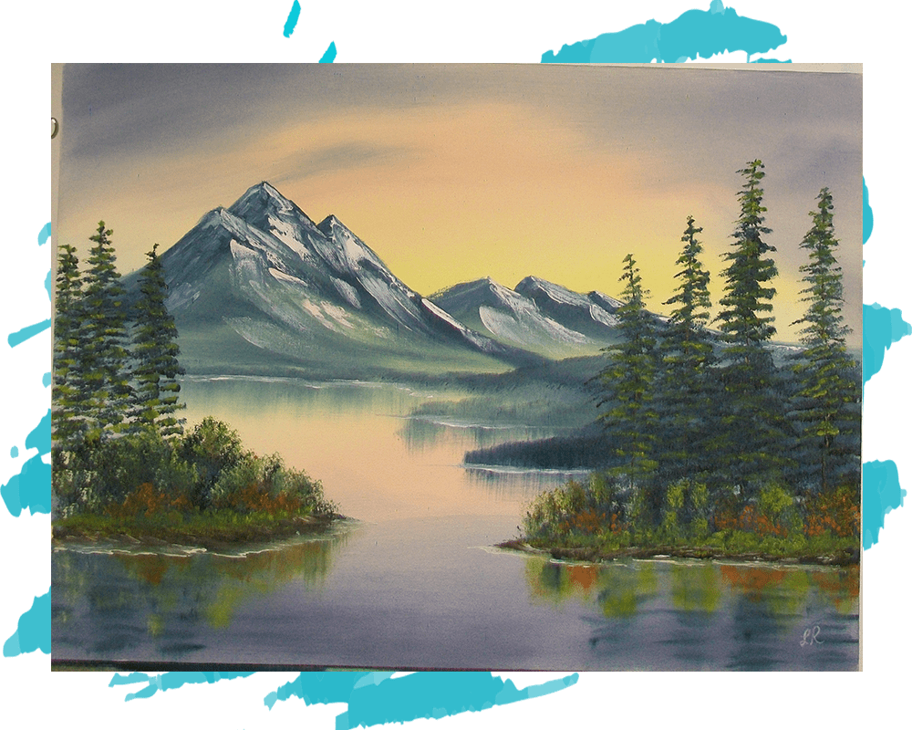 A painting of a mountain scene with trees and a lake.