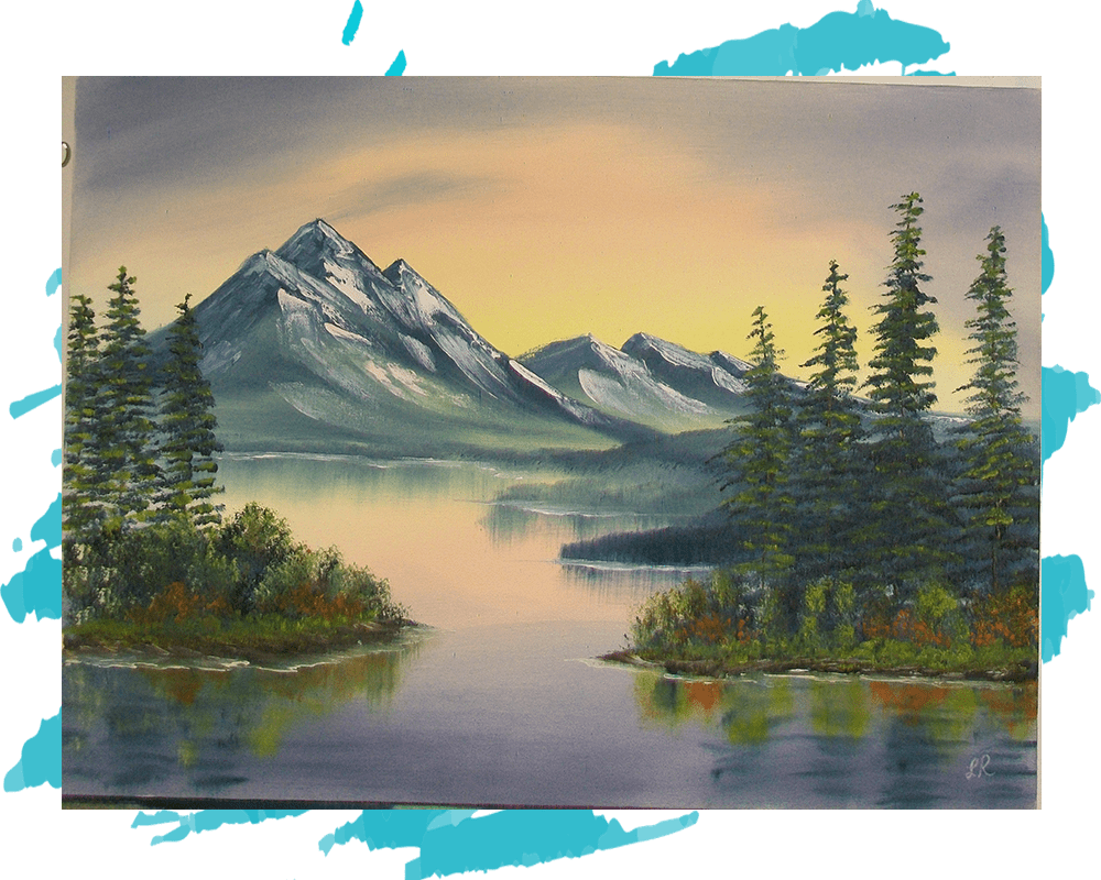 A painting of a mountain scene with trees and a lake.