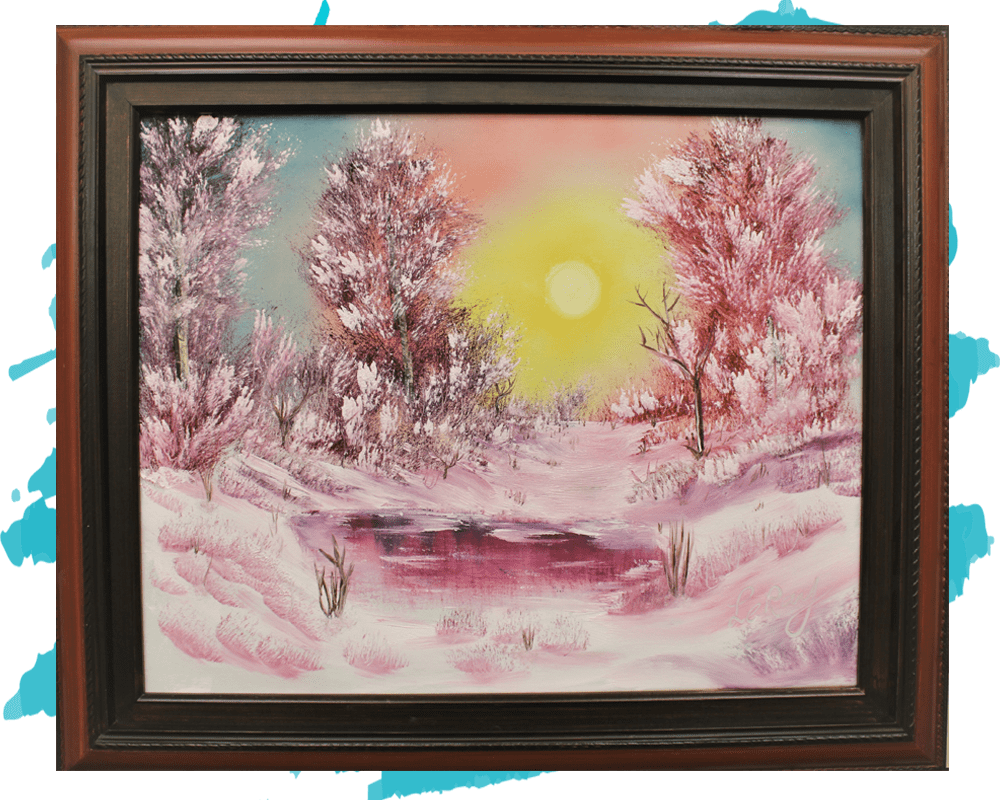 A painting of a snow scene in a wooden frame.