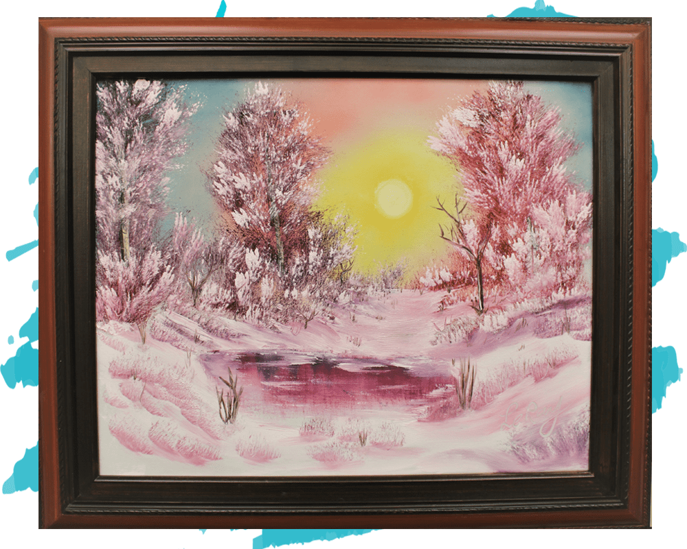 A painting of a snow scene in a wooden frame.