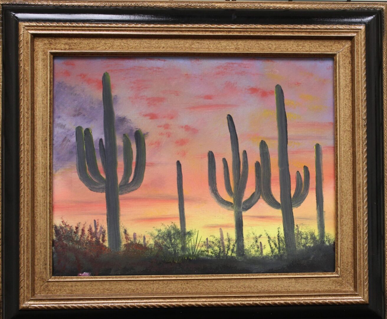 Landscape framed Arizona Sunrise with cacti