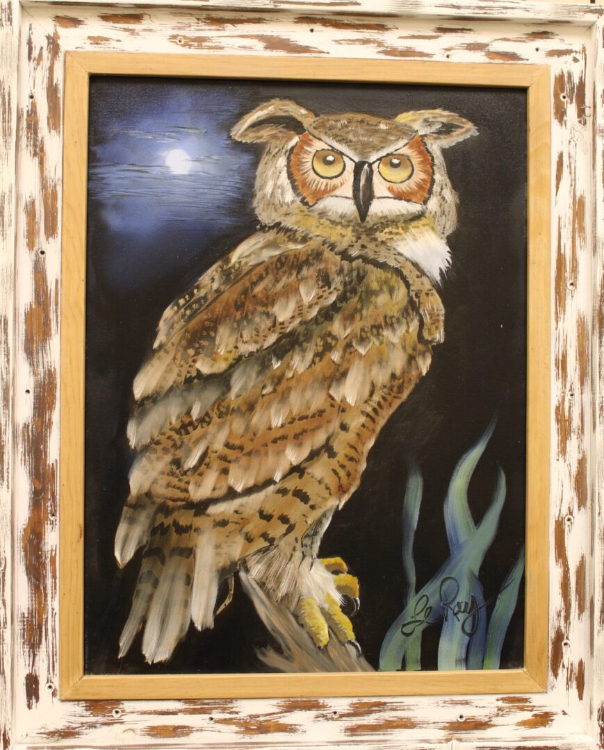 framed painting of an owl