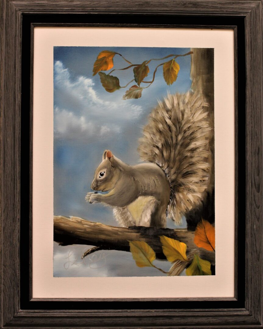 framed painting of a squirrel in a tree