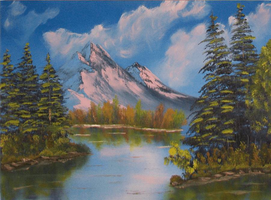 painting of mountains and trees on the lake and blue sky