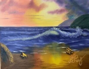 painting of beach and ocean waves and pink and yellow sky