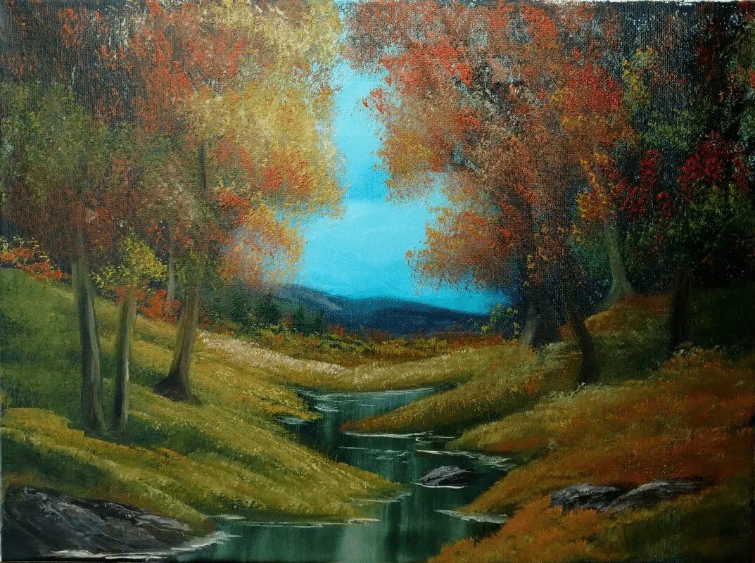 A Landscape Painting With Trees in Orange Tones