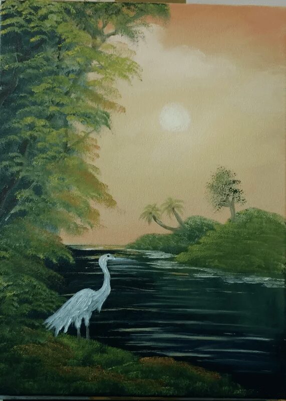 Painting of a sunrise with a bird on the lake with trees