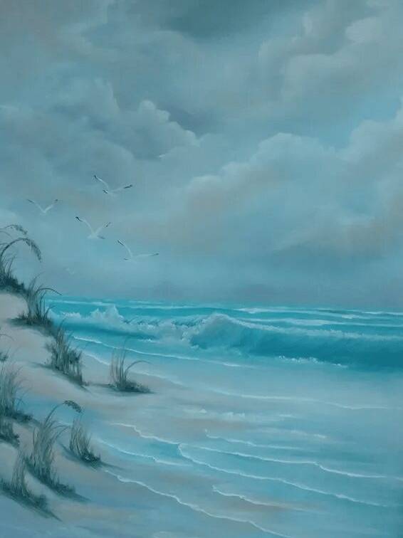 tall painting of white clouds and birds with waves