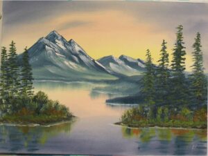 Painting with trees and lake with snowy mountain