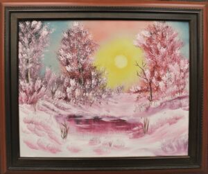 framed painting of pink trees with snow