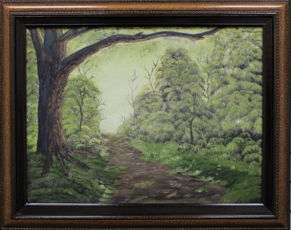 Painting of a forest with a long tree