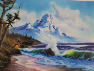 A painting of a snowcapped mountain near the ocean with waves crashing