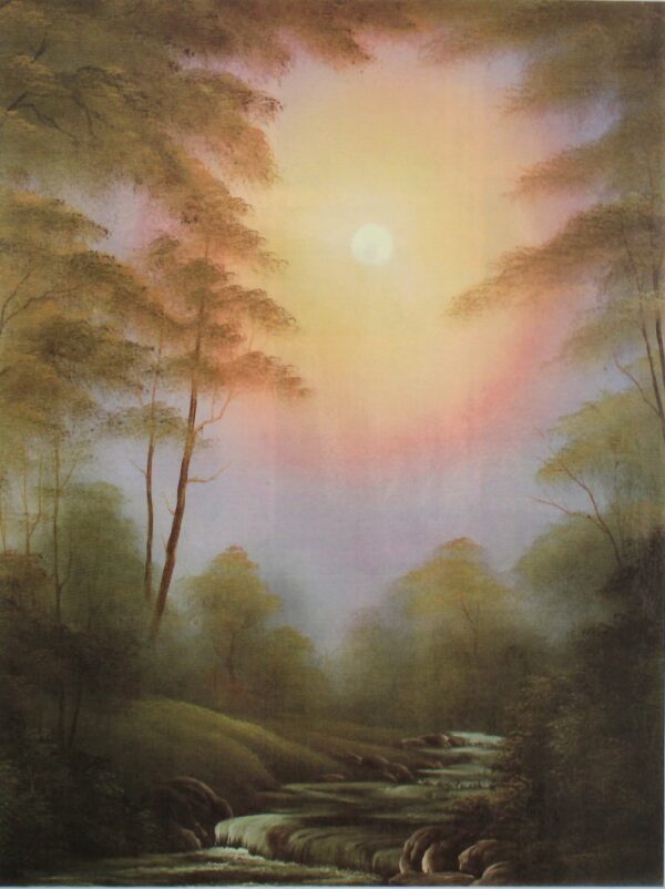 A painting of the sun brightly shining in a forest