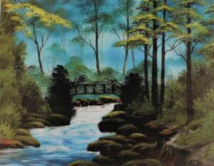 A forest painting with lots of trees and a river