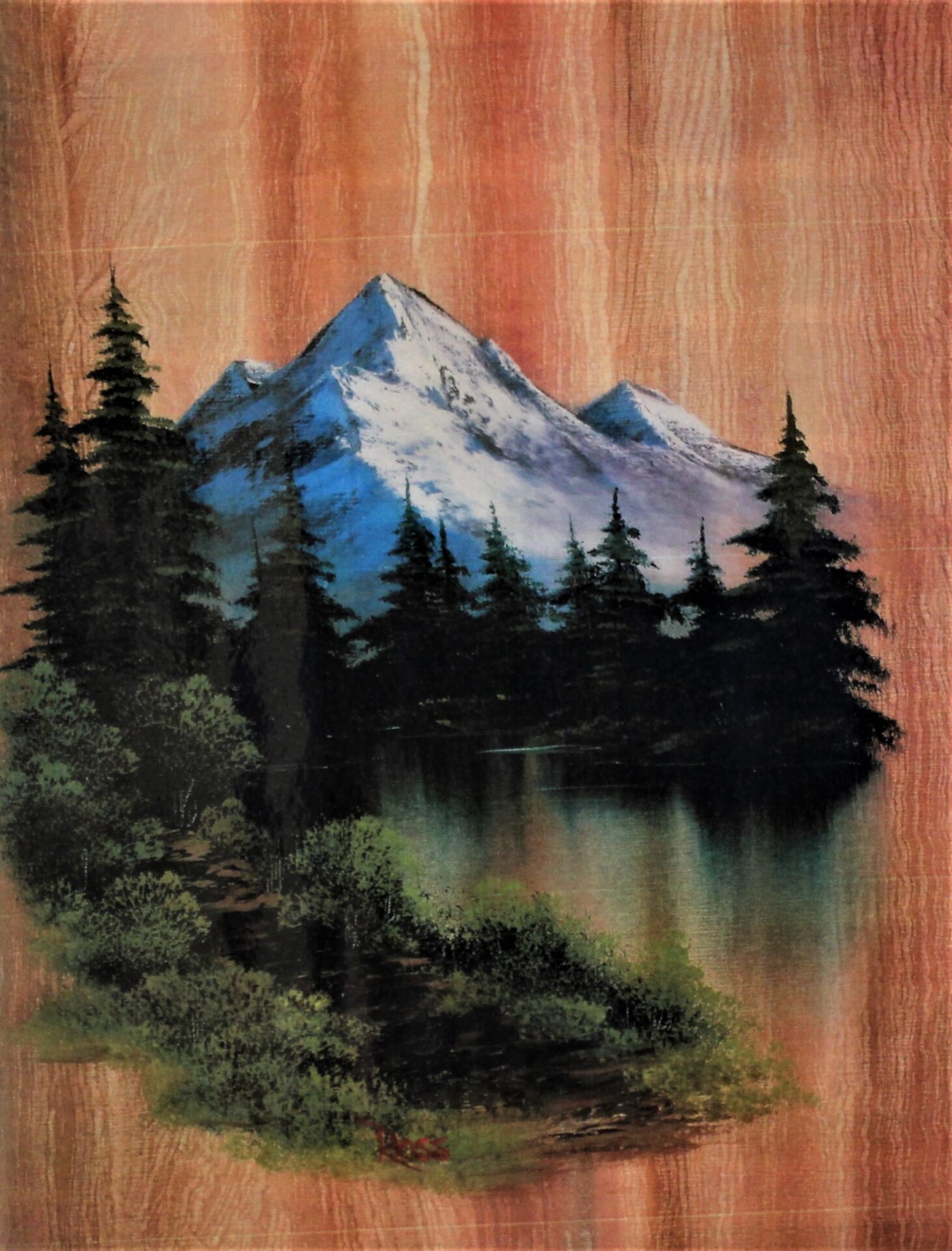 A painting of snowcapped mountains, pine trees, and a big river