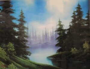 A painting of a forest with a lake and trees.