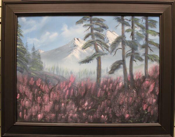 A painting of a mountain scene with pink flowers.