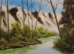 Painting of mountains and bare trees by the river