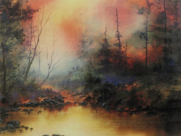 A painting of a shallow river surrounded by trees