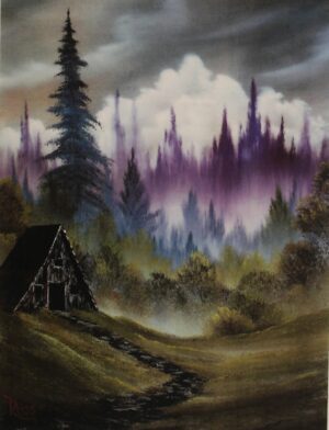 A painting of a small house in the middle of a forest