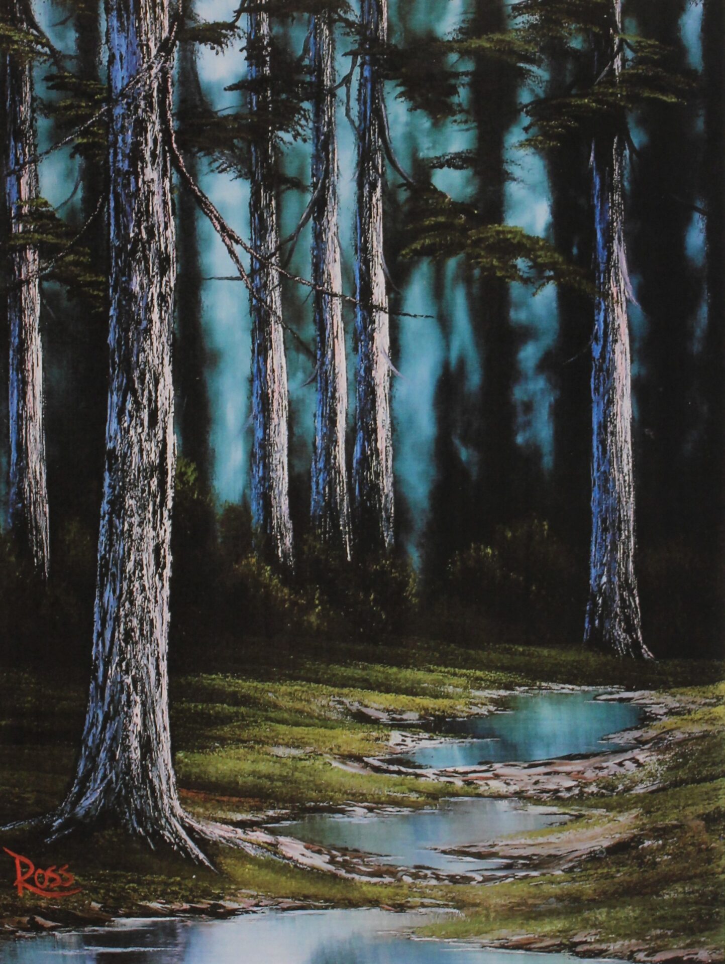 A painting of a dark, secluded forest