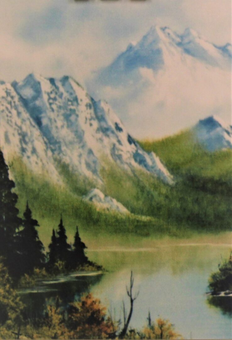 A painting of snowcapped mountains and a river
