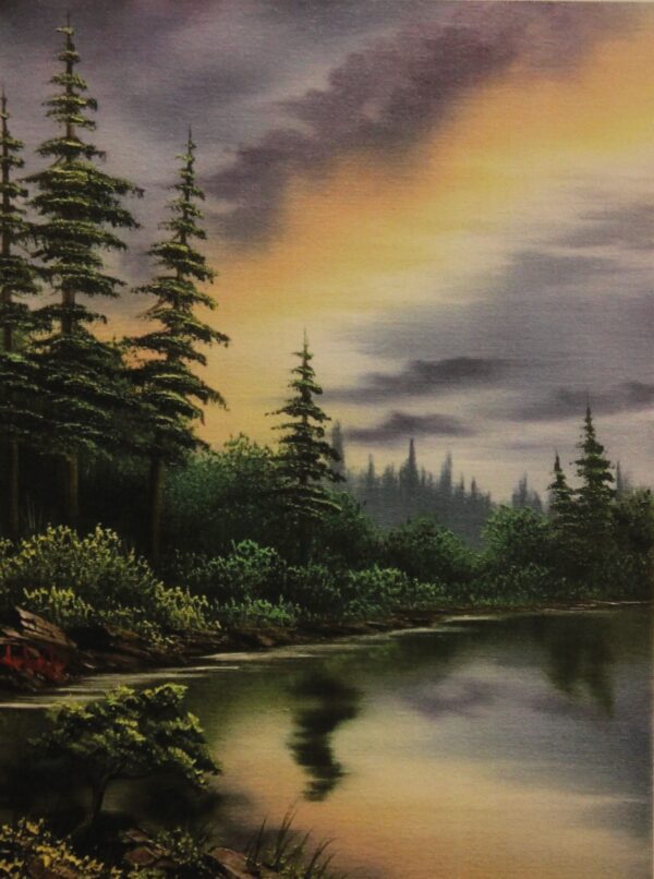 A painting of the sky and some trees by the lake