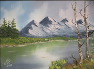 Painting of a beautiful valley with some trees