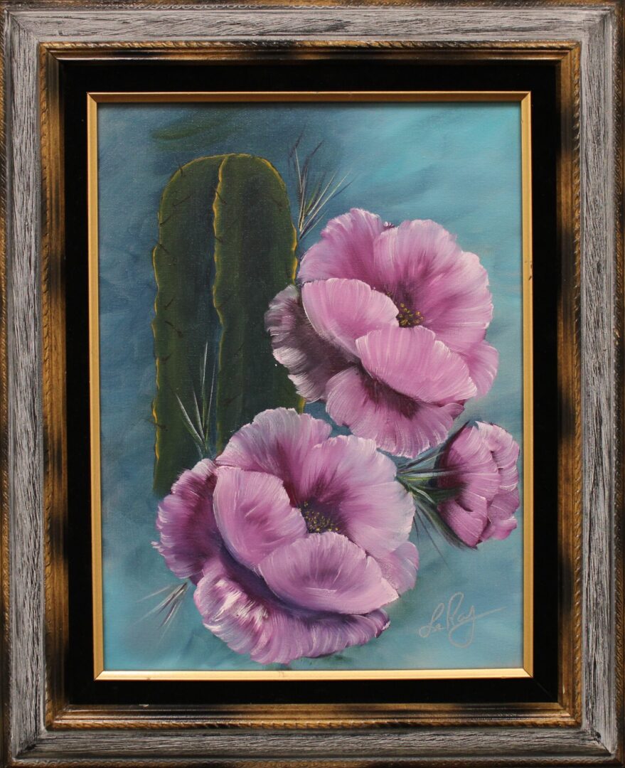 A painting of pink flowers and a Cactus Flower.