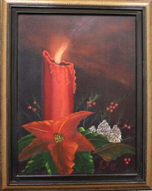 A painting of a Christmas Candle and poinsettia.