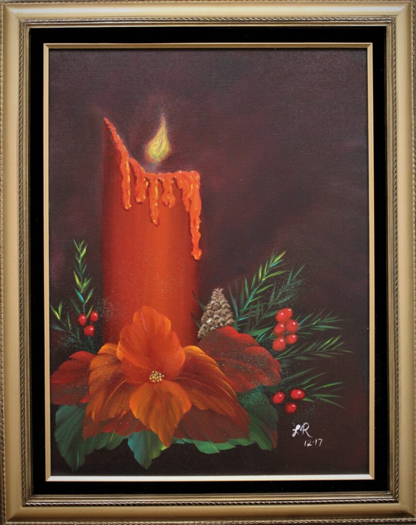 Large photo of red Christmas Candle holly and poinsettia