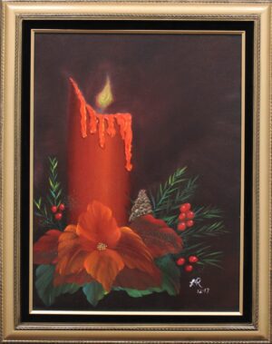 A painting of a Christmas Candle with holly and berries.