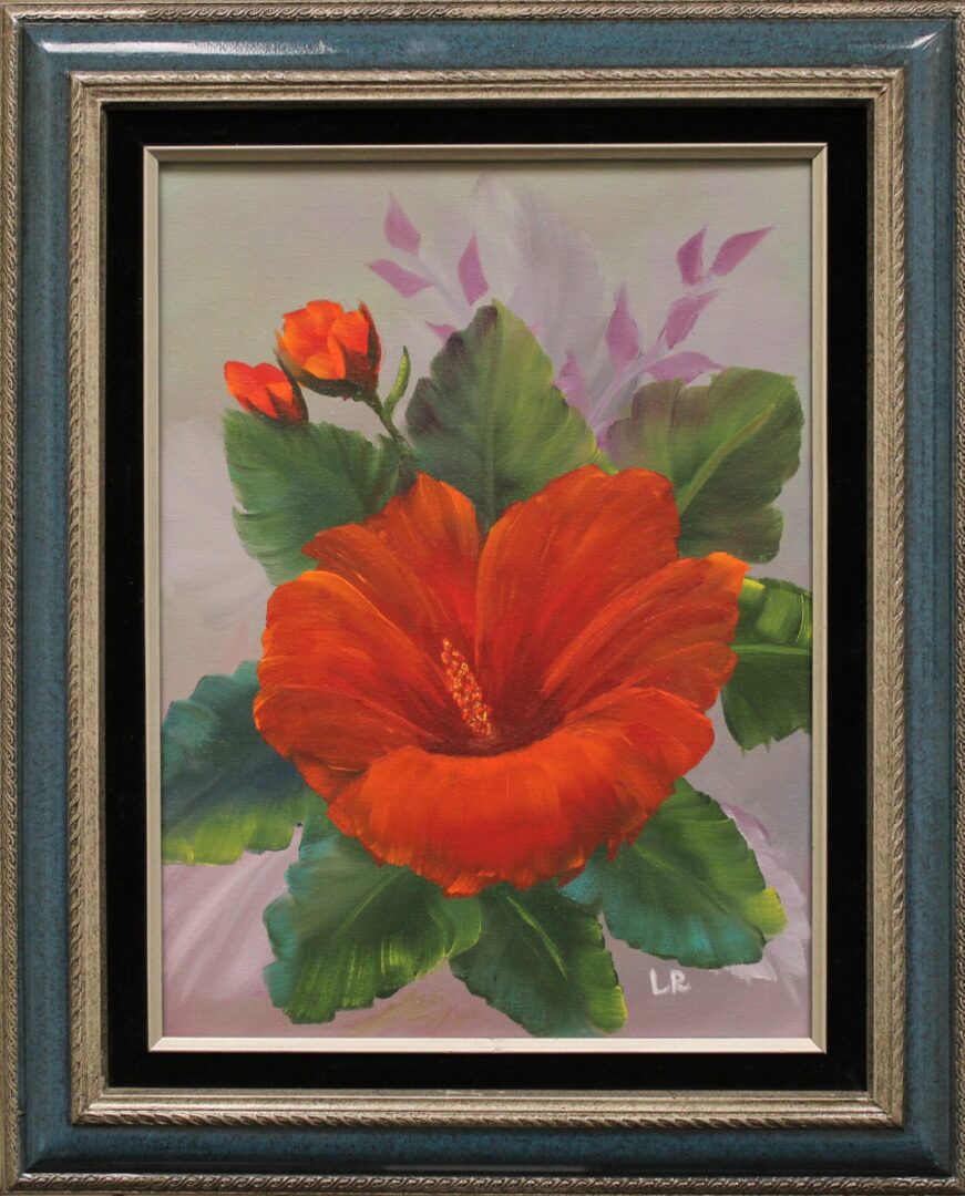 Painting of a red rose flower with a frame
