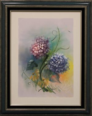 A Hydrangea painting of blue and purple flowers in a frame.