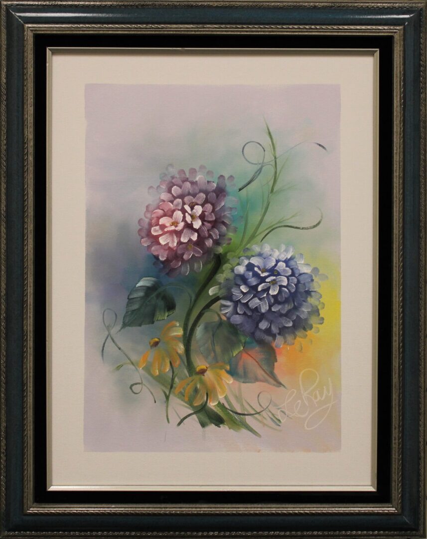 A watercolor painting of blue and purple flowers in a frame.