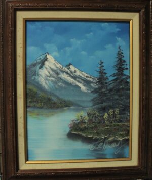 A Moutian Lake painting with mountains in the background.