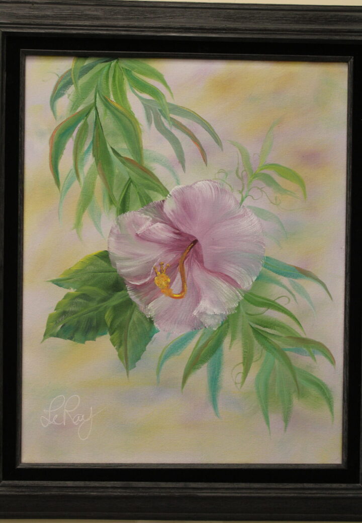Painting of a pink flower with a frame