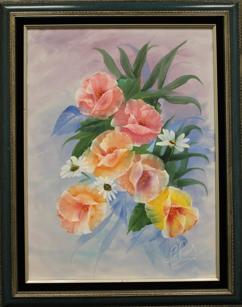 Painting of some yellow and pink flower with a frame