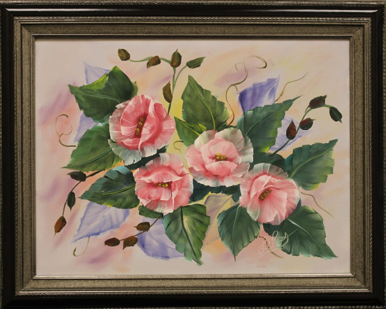 A painting of pink flowers in a frame.
