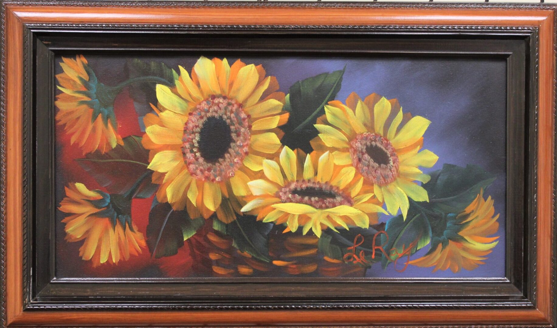Painting of a sunflower with frame