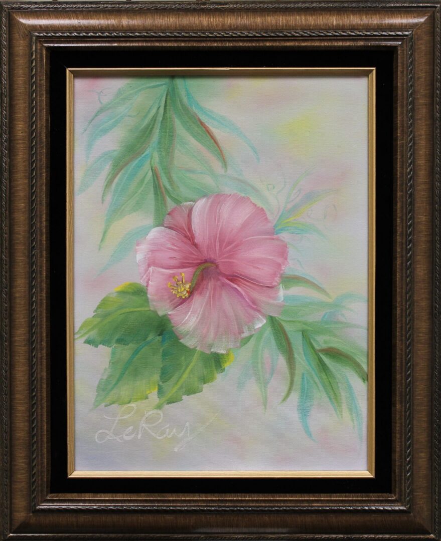 A painting of a Tropical Fantasy hibiscus in a brown frame.