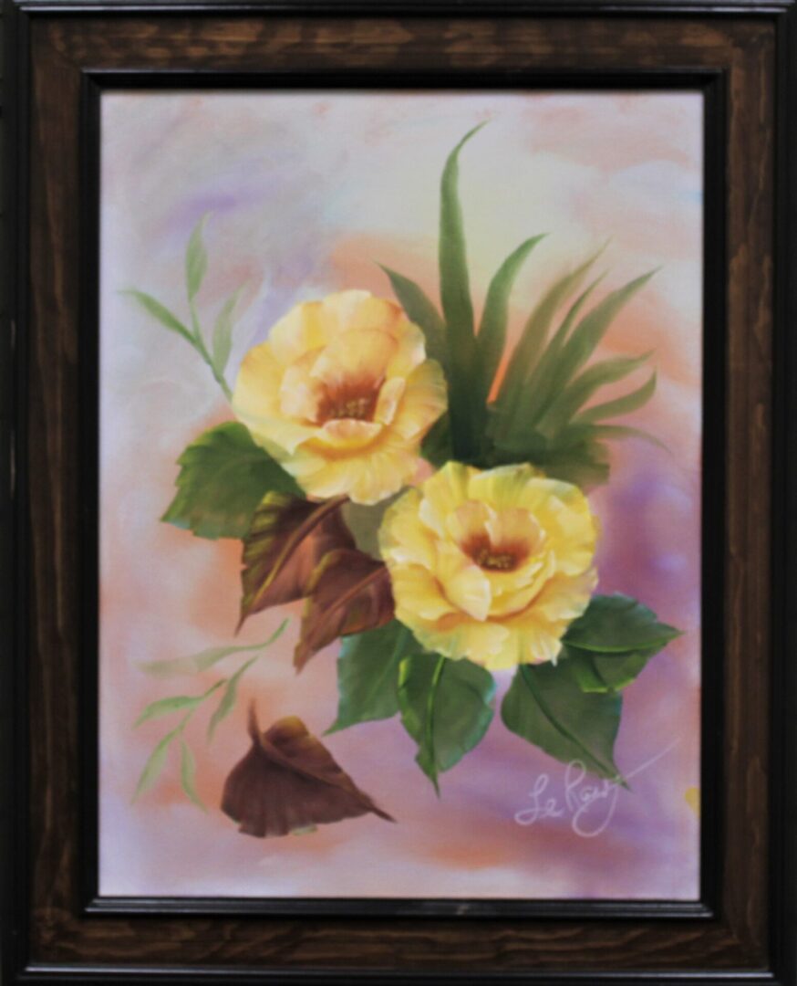 Painting of a pink yellow rose flower with a frame