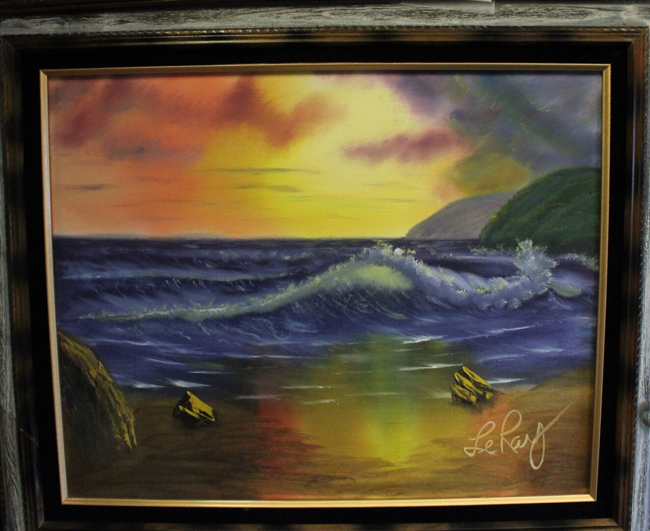 A painting of a Golden Sunset beach scene with waves crashing.
